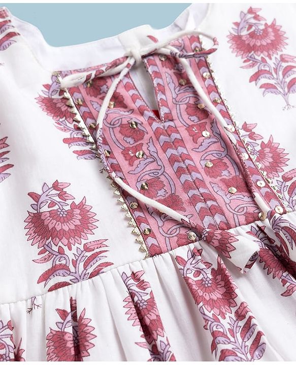 Babyhug Cambric Woven Three Forth Sleeves Floral Printed Ethnic Dress - White