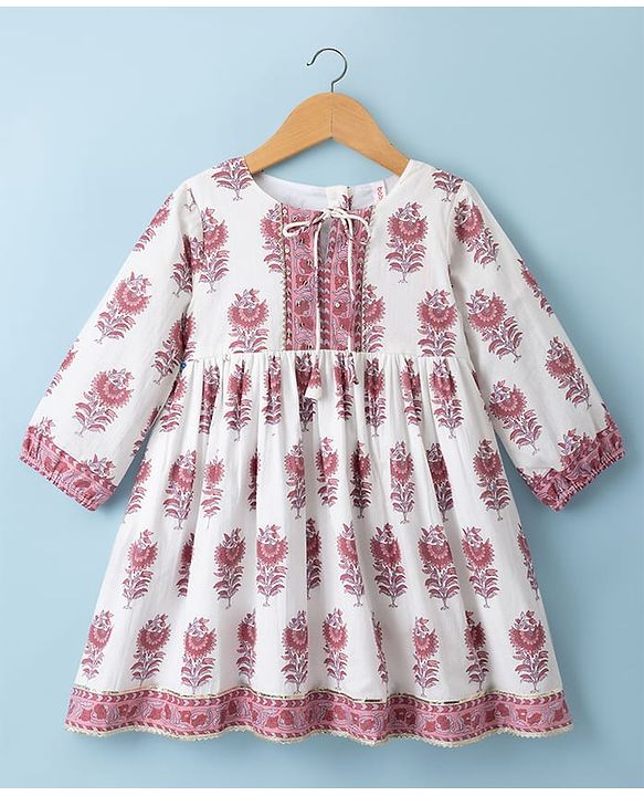 Babyhug Cambric Woven Three Forth Sleeves Floral Printed Ethnic Dress - White
