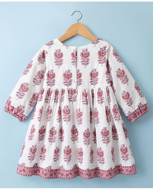 Babyhug Cambric Woven Three Forth Sleeves Floral Printed Ethnic Dress - White
