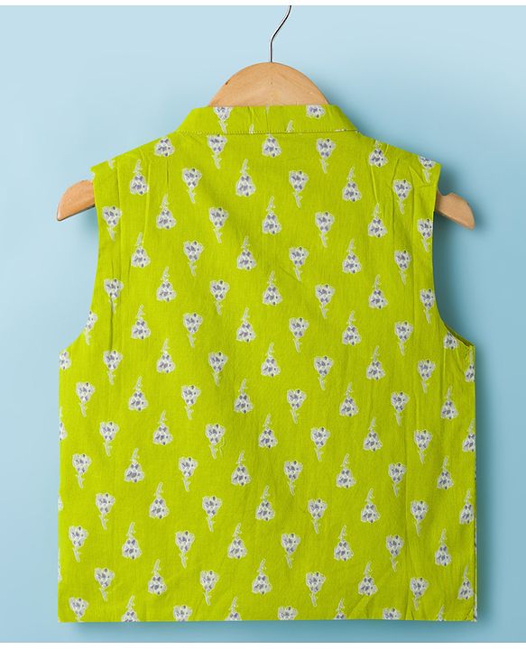 Babyhug 100% Cotton Cambric Woven Full Sleeves Kurta & Pyjama Set With Floral Printed Jacket - Lime Green