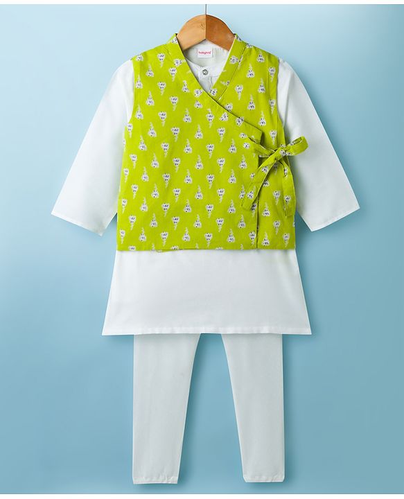 Babyhug 100% Cotton Cambric Woven Full Sleeves Kurta & Pyjama Set With Floral Printed Jacket - Lime Green