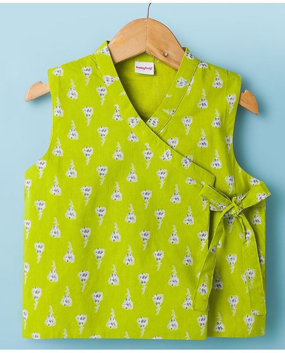 Babyhug 100% Cotton Cambric Woven Full Sleeves Kurta & Pyjama Set With Floral Printed Jacket - Lime Green