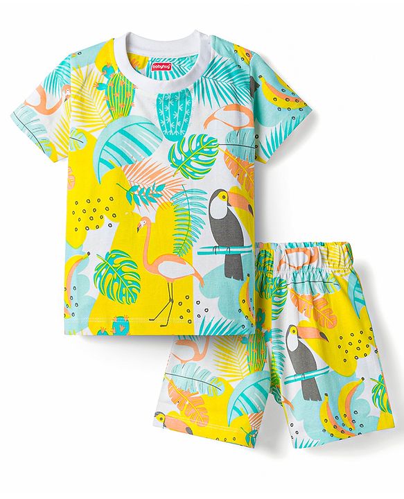 Babyhug 100% Cotton Knit Half Sleeves T-Shirt & Shorts Co-Ord Night Suit With Tropical Theme - Multicolor