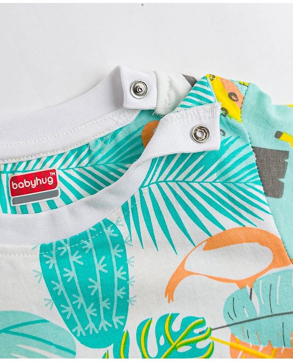 Babyhug 100% Cotton Knit Half Sleeves T-Shirt & Shorts Co-Ord Night Suit With Tropical Theme - Multicolor