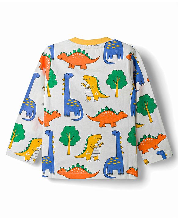 Babyhug Cotton Knit Full Sleeves T-Shirt & Pyjama Co-Ord Night Suit With Dino Print - White
