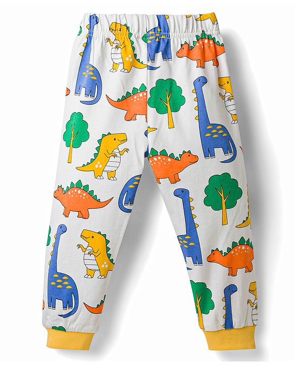 Babyhug Cotton Knit Full Sleeves T-Shirt & Pyjama Co-Ord Night Suit With Dino Print - White
