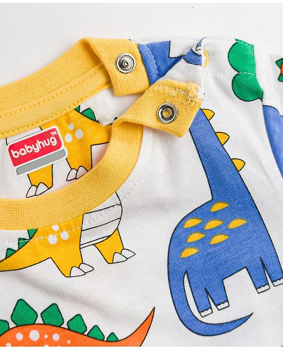 Babyhug Cotton Knit Full Sleeves T-Shirt & Pyjama Co-Ord Night Suit With Dino Print - White