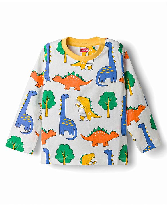 Babyhug Cotton Knit Full Sleeves T-Shirt & Pyjama Co-Ord Night Suit With Dino Print - White