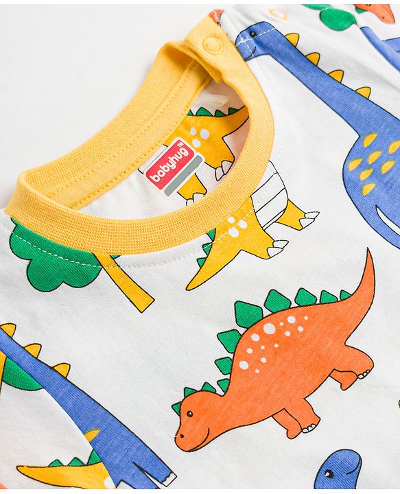 Babyhug Cotton Knit Full Sleeves T-Shirt & Pyjama Co-Ord Night Suit With Dino Print - White