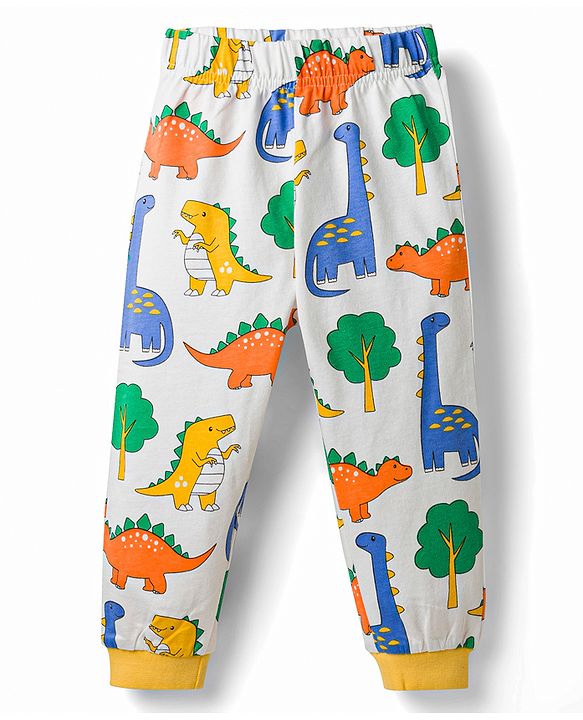 Babyhug Cotton Knit Full Sleeves T-Shirt & Pyjama Co-Ord Night Suit With Dino Print - White