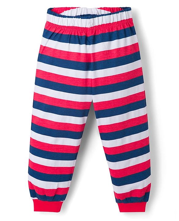 Babyhug Cotton Knit Full Sleeves T-Shirt & Striped Pyjama Night Suit With Text Print - Red