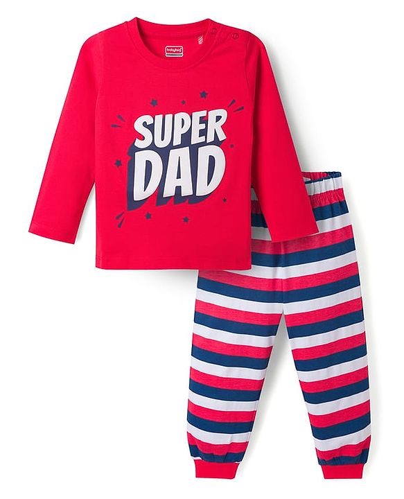Babyhug Cotton Knit Full Sleeves T-Shirt & Striped Pyjama Night Suit With Text Print - Red