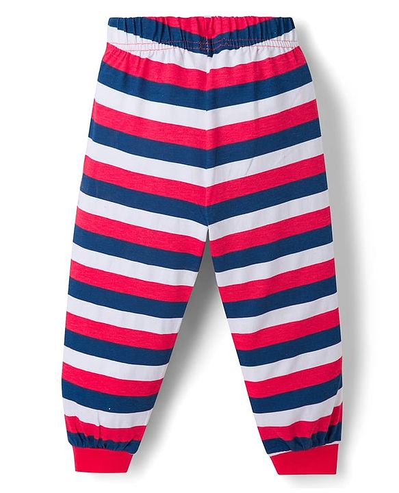 Babyhug Cotton Knit Full Sleeves T-Shirt & Striped Pyjama Night Suit With Text Print - Red