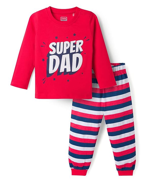 Babyhug Cotton Knit Full Sleeves T-Shirt & Striped Pyjama Night Suit With Text Print - Red