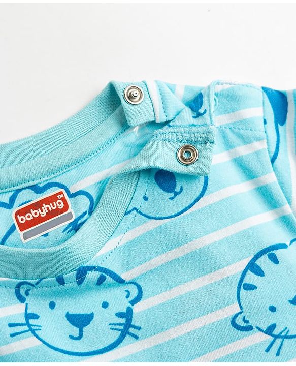 Babyhug Cotton Knit Full Sleeves T-Shirt & Pyjama Co-Ord Striped Night Suit With Animal Print - Blue