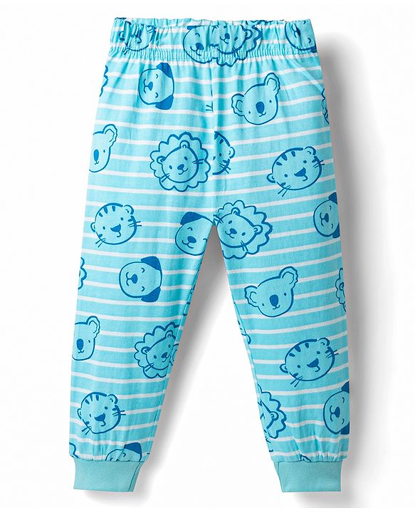 Babyhug Cotton Knit Full Sleeves T-Shirt & Pyjama Co-Ord Striped Night Suit With Animal Print - Blue