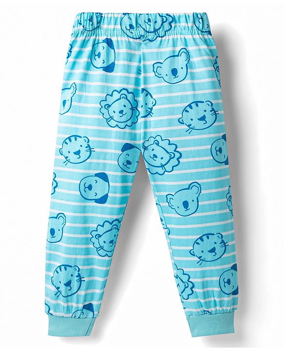 Babyhug Cotton Knit Full Sleeves T-Shirt & Pyjama Co-Ord Striped Night Suit With Animal Print - Blue