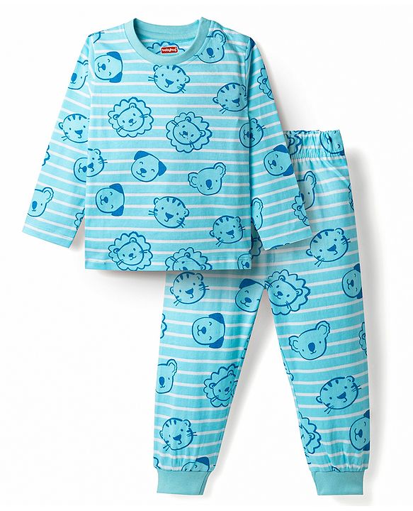 Babyhug Cotton Knit Full Sleeves T-Shirt & Pyjama Co-Ord Striped Night Suit With Animal Print - Blue