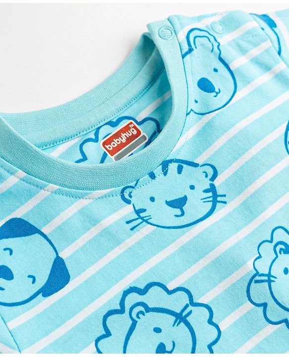 Babyhug Cotton Knit Full Sleeves T-Shirt & Pyjama Co-Ord Striped Night Suit With Animal Print - Blue