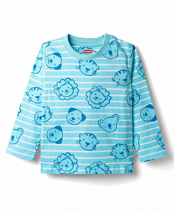 Babyhug Cotton Knit Full Sleeves T-Shirt & Pyjama Co-Ord Striped Night Suit With Animal Print - Blue