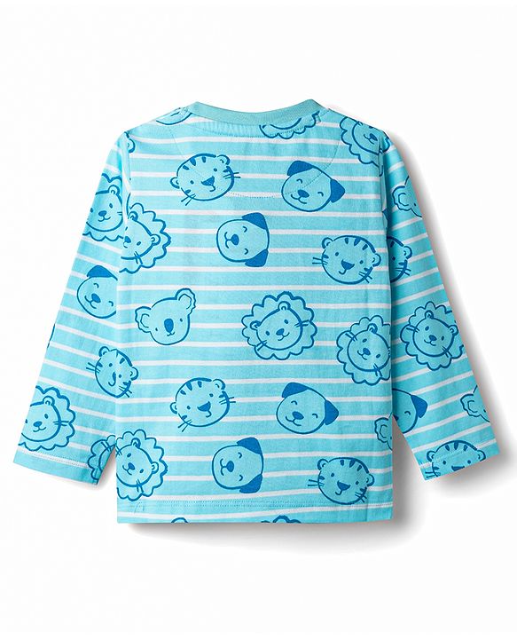 Babyhug Cotton Knit Full Sleeves T-Shirt & Pyjama Co-Ord Striped Night Suit With Animal Print - Blue