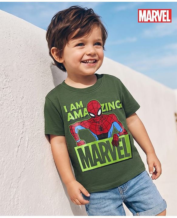 Babyhug Marvel Single Jersey Knit Half Sleeves T-Shirt with Spider Man Graphics - Green