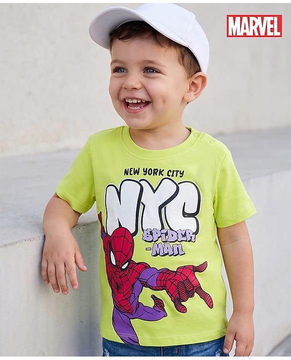 Babyhug Marvel Cotton Knit T-Shirt with Spider-Man Graphic Half Sleeves Round Neck Limegreen 6-9 Months