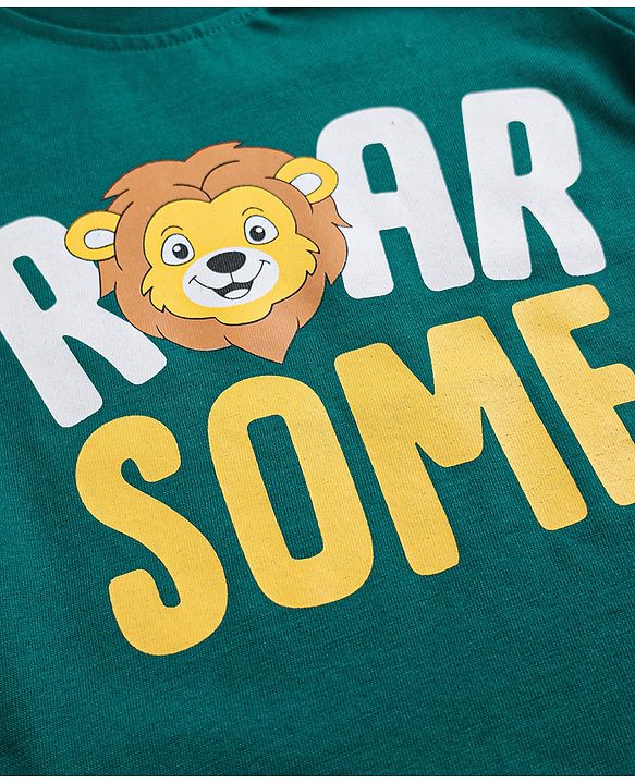 Babyhug Cotton Knit Half Sleeves Tiger Printed & Striped T-Shirt & Pyjama Night Suit - Teal Blue