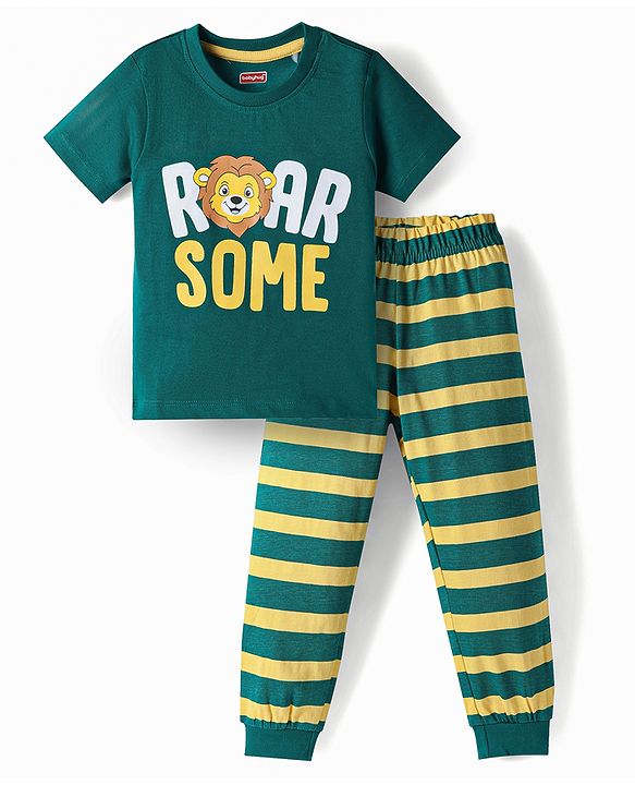 Babyhug Cotton Knit Half Sleeves Tiger Printed & Striped T-Shirt & Pyjama Night Suit - Teal Blue