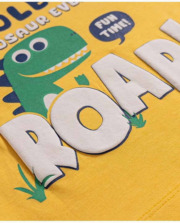 Babyhug Cotton Knit Half Sleeves T-Shirt & Pyjama Night Suit With Dino Print - Yellow