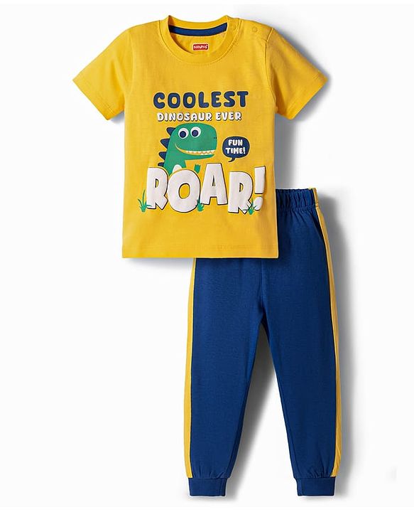 Babyhug Cotton Knit Half Sleeves T-Shirt & Pyjama Night Suit With Dino Print - Yellow