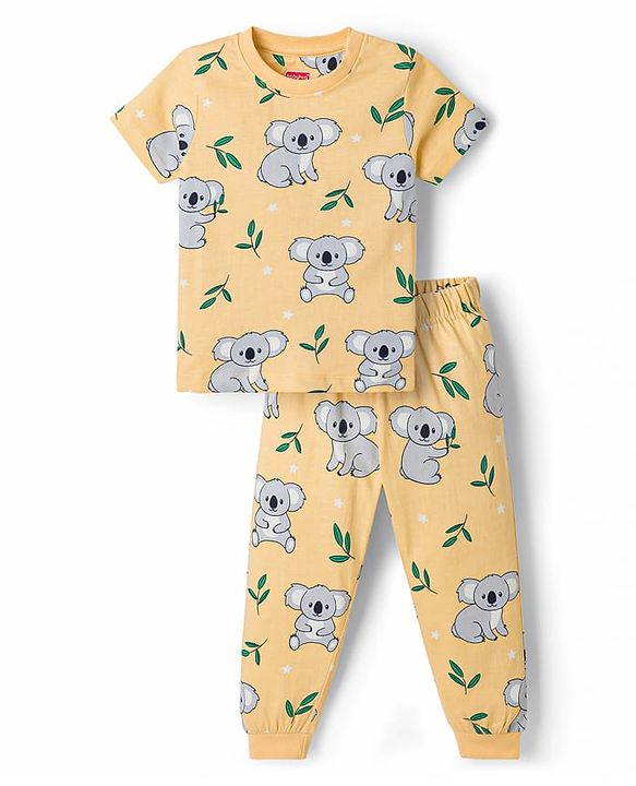 Babyhug 100% Cotton Knit Half Sleeves Koala Printed Co-Ords T-Shirt & Pyjama Night Suit - Yellow