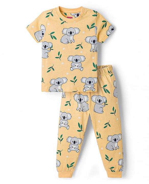 Babyhug 100% Cotton Knit Half Sleeves Koala Printed Co-Ords T-Shirt & Pyjama Night Suit - Yellow