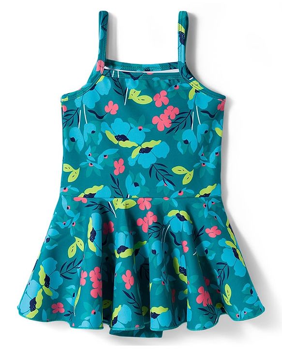 Babyhug Water Repellant Lycra Sleeveless Frock Swimsuit With Floral Print - Green