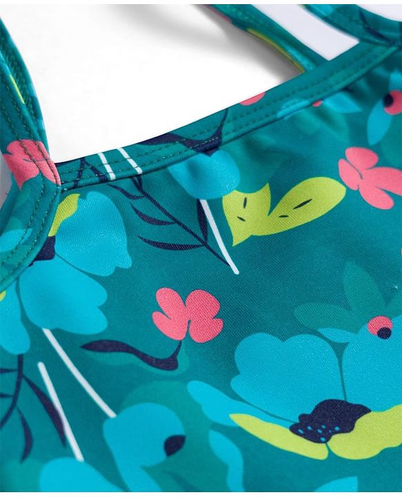 Babyhug Water Repellant Lycra Sleeveless Frock Swimsuit With Floral Print - Green
