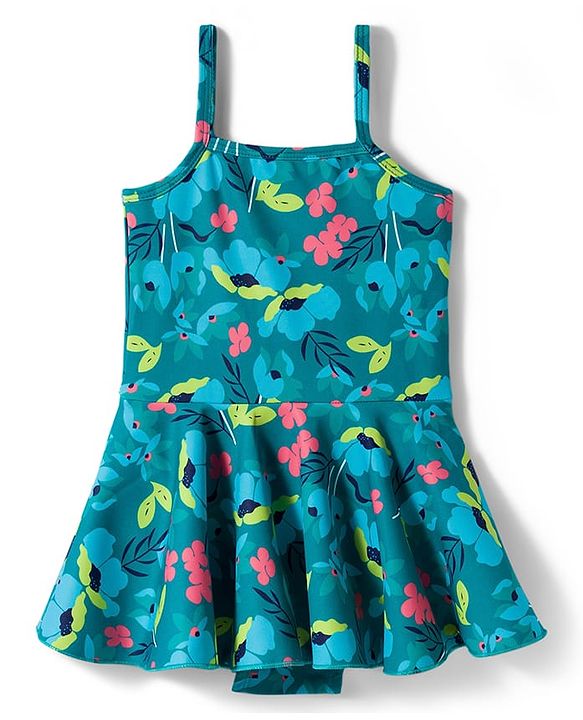 Babyhug Water Repellant Lycra Sleeveless Frock Swimsuit With Floral Print - Green