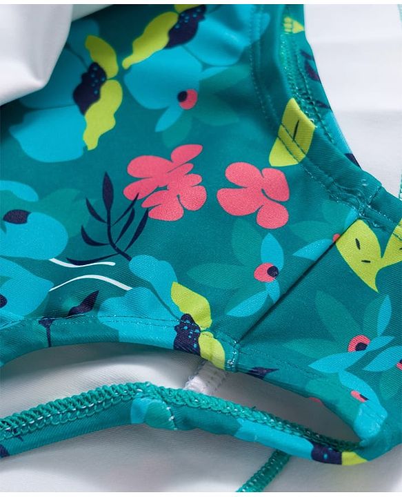 Babyhug Water Repellant Lycra Sleeveless Frock Swimsuit With Floral Print - Green