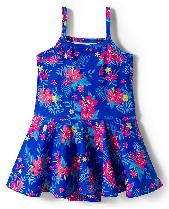 Babyhug Sleeveless Floral Printed Water Repellant Frock Swimsuit - Blue