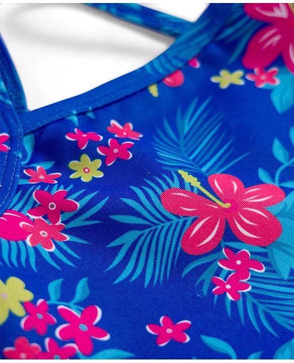 Babyhug Sleeveless Floral Printed Water Repellant Frock Swimsuit - Blue