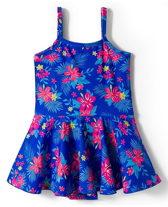Babyhug Sleeveless Floral Printed Water Repellant Frock Swimsuit - Blue