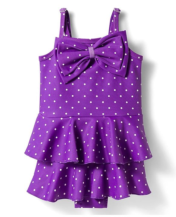 Babyhug Water Repellant Sleeveless Frock Swimsuit with Polka Dots Print & Bow Applique - Lavender