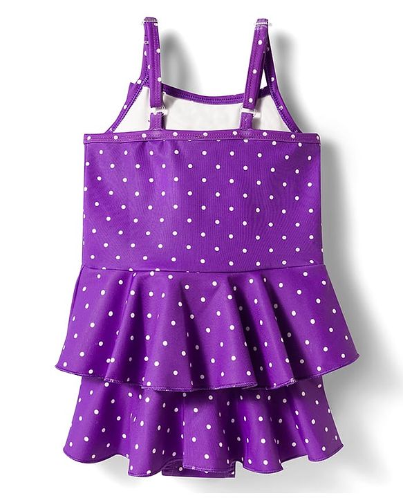 Babyhug Water Repellant Sleeveless Frock Swimsuit with Polka Dots Print & Bow Applique - Lavender