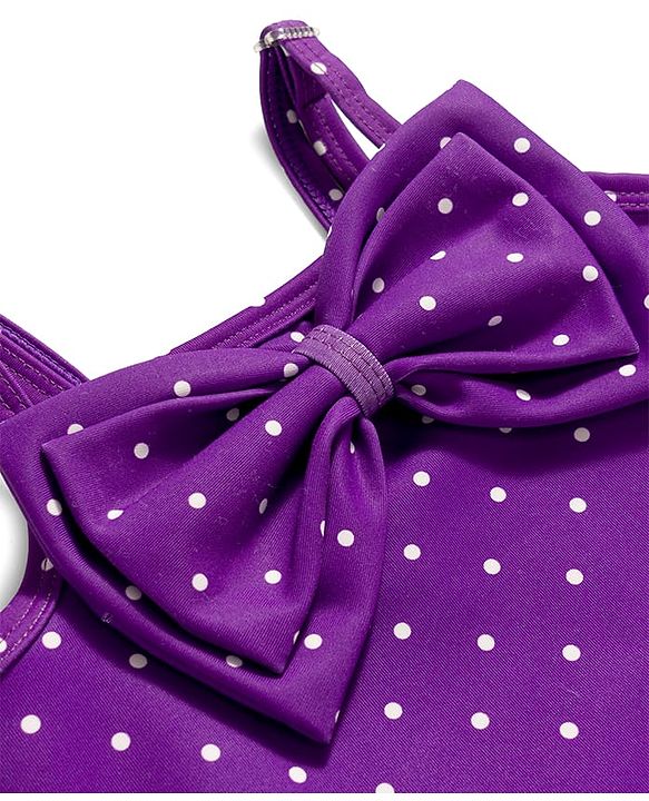 Babyhug Water Repellant Sleeveless Frock Swimsuit with Polka Dots Print & Bow Applique - Lavender