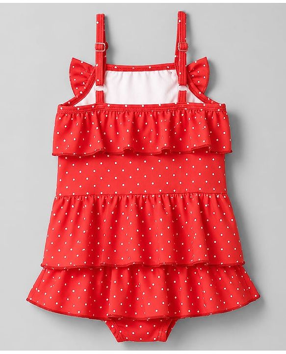 Babyhug Water Repellant Sleeveless Frock Swimsuit with Polka Dot Print & Bow Applique - Red