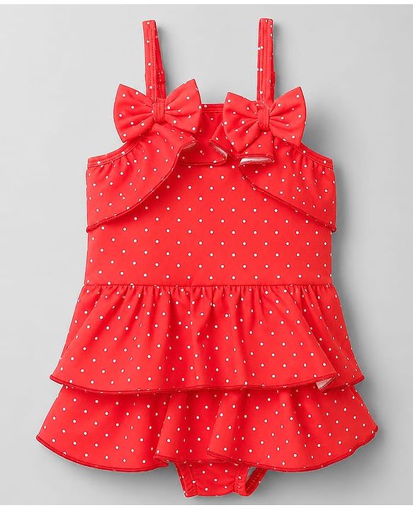 Babyhug Water Repellant Sleeveless Frock Swimsuit with Polka Dot Print & Bow Applique - Red
