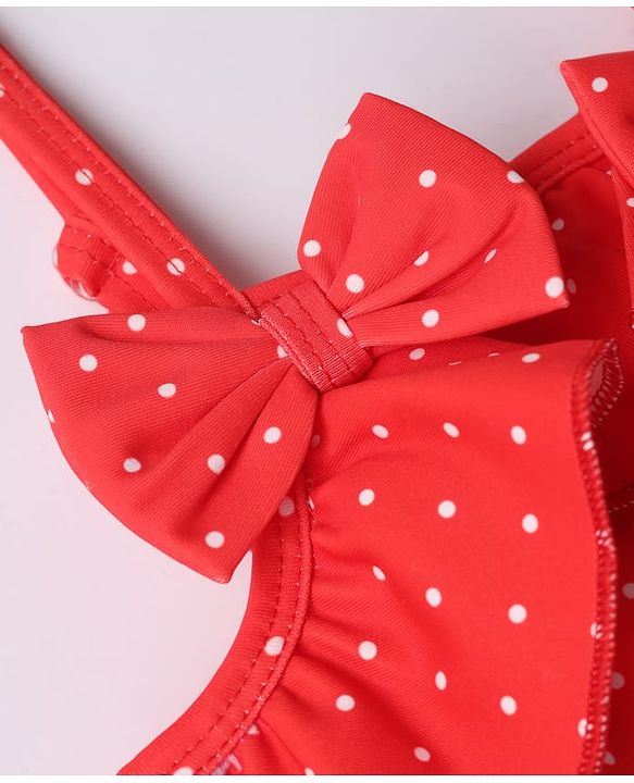 Babyhug Water Repellant Sleeveless Frock Swimsuit with Polka Dot Print & Bow Applique - Red