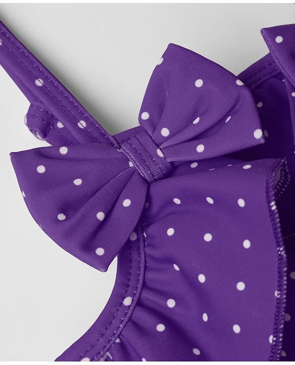 Babyhug Water Repellant Sleeveless Frock Swimsuit with Polka Dot Print & Bow Applique - Lavender