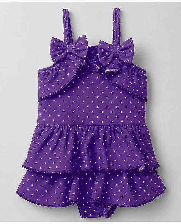 Babyhug Water Repellant Sleeveless Frock Swimsuit with Polka Dot Print & Bow Applique - Lavender