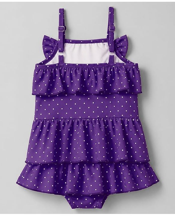 Babyhug Water Repellant Sleeveless Frock Swimsuit with Polka Dot Print & Bow Applique - Lavender