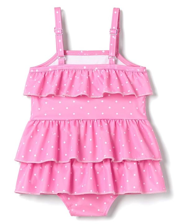 Babyhug Water Repellant Sleeveless Frock Swimsuit with Polka Dots Print & Bow Applique - Pink